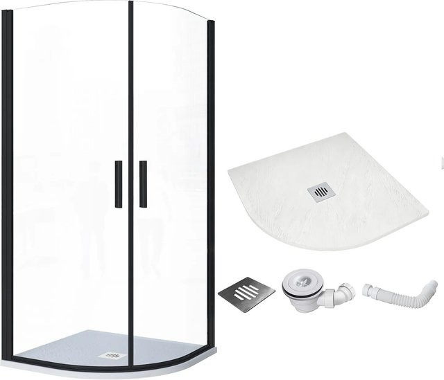 AICA Viertelkreis Dusche Schwarz mit Duschwanne aus Mineralguss und Drehtür, B/T/H: 90 x 90 x 195 cm, 6mm ESG Sicherheitsglas - Bild 1