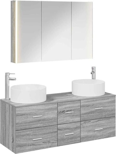 vidaXL Badezimmermöbel-Set 4-teilig in Grau Sonoma, bestehend aus Waschtischunterschrank, Spiegelschrank und Wandunterschrank mit LED-Beleuchtung und Glasfronten - Bild 1