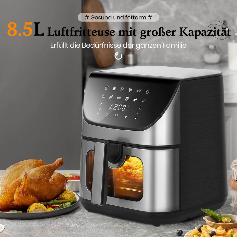 Sinaopus Heißluftfritteuse mit Sichtfenster und LED-Touch-Steuerung, Ölfreier Multifunktions-Kocher in Schwarz, 8,5 l - Bild 2