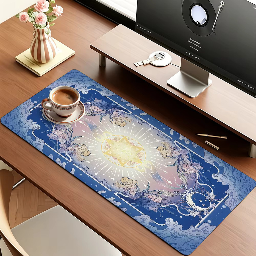 Großes Mauspad mit Sonne, Mond und Blumen in Blau für Büro und Gaming, rutschfest und wasserdicht - Bild 4