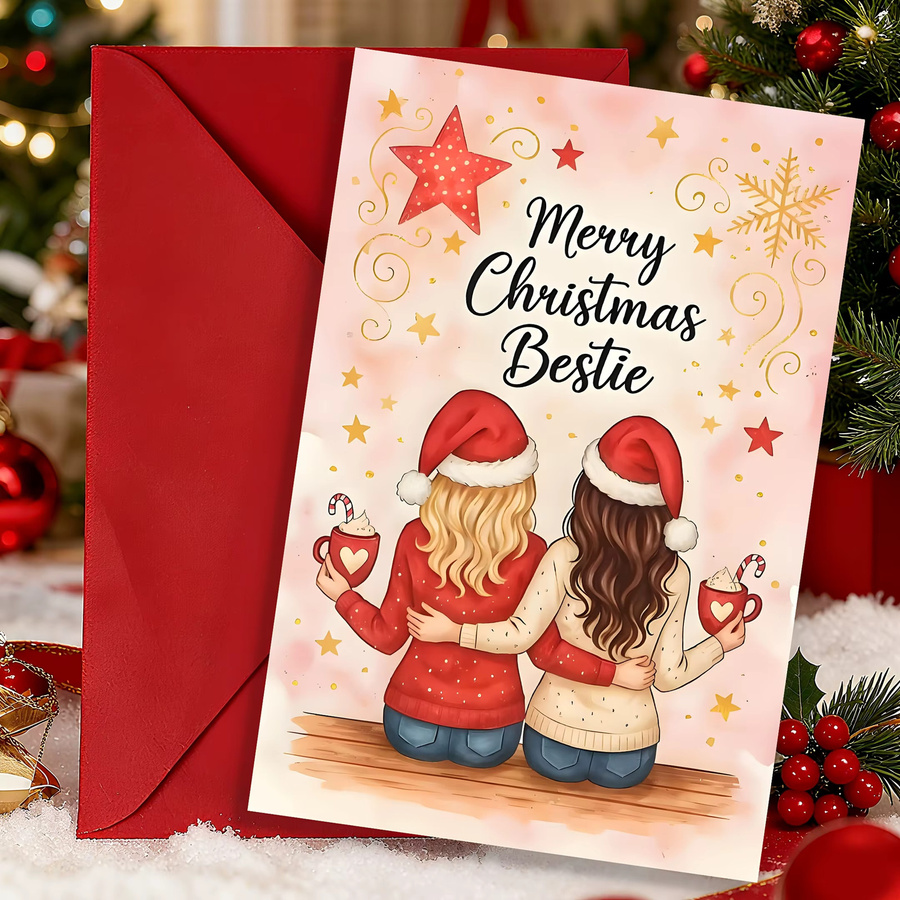 Weihnachtskarte für BFFs und Schwestern mit Zuckerstangen-Design und Sternenhimmel in Roségold und Braun inklusive Umschlag - Bild 3