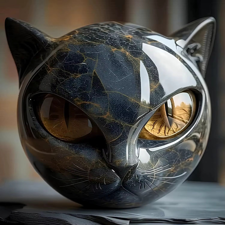 Handgeschnitzte Katzenkopfstatue von CrystalHola in Schwarz mit Marmorstruktur aus Kunstharz - Bild 2
