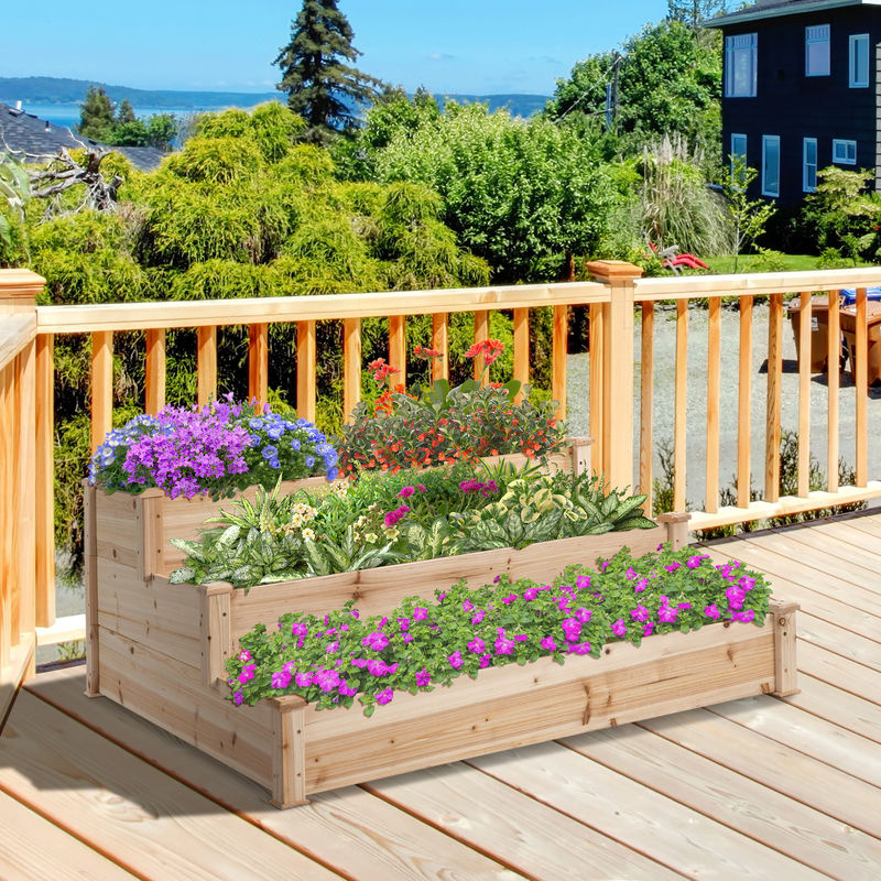 Outsunny 3-stufiges Hochbeet aus Natur-Tannenholz für Garten und Balkon, Farbe: Braun, B/T/H: 124 x 124 x 56 cm - Bild 2