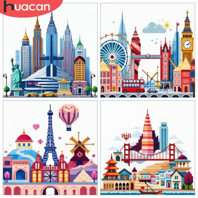 HUACAN Kreuzstichset Stadtturm Landschaftsstickerei auf bedruckter Leinwand, Multicolor, B/T/H: 30 x 30 x 30 cm - Bild 1