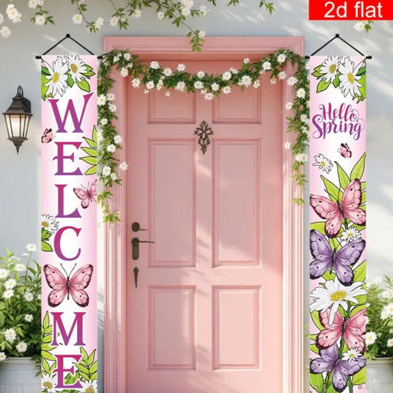 VIKAMA Frühlingsbanner für die Veranda mit Blumen- und Schmetterlings-Motiv, mehrfarbig, H x B: 180 x 30 cm - Bild 1