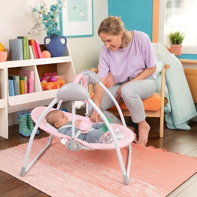 Elektrische Baby-Schaukel mit Musik, zusammenklappbar, für Babys von 0–9 Monaten (2,7–9 kg), Rosa/Grau - Bild 1