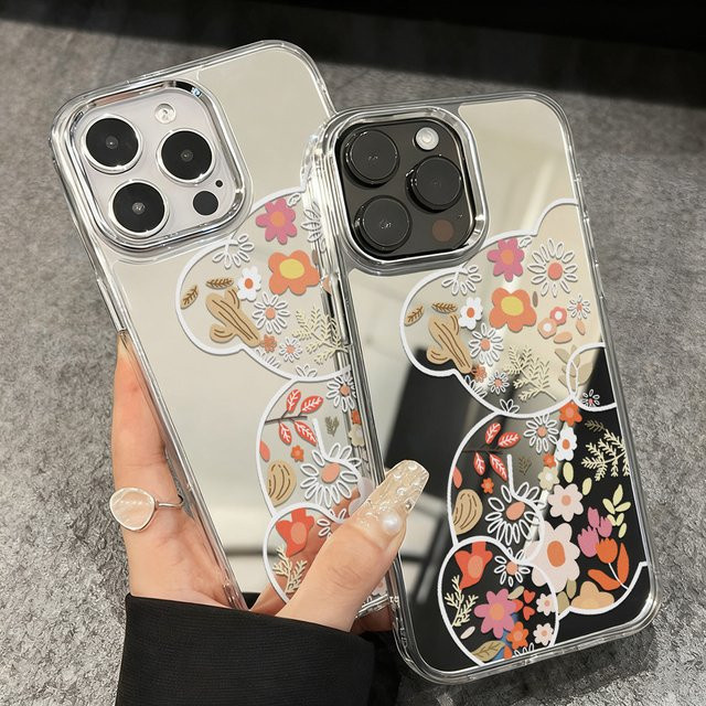 Luxus Make-Up Spiegel Handyhülle mit Blumenmuster für Apple iPhone 17 Pro Max, 16, 15, 14, 13, 12 und Air in Multicolour - Bild 1