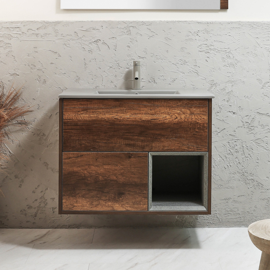 Hängender Waschtischunterschrank Hoxton von Hudson Reed mit Elements-Waschbecken in Grau Pebble und dunkler Eiche - Bild 1