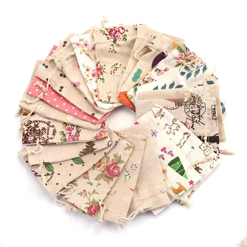 50 Stück bedruckte Leinen-Baumwoll-Geschenktüten mit Kordelzug von merylover für Schmuck, Kosmetik und Hochzeiten, B: 10 cm, H: 14 cm - Bild 1