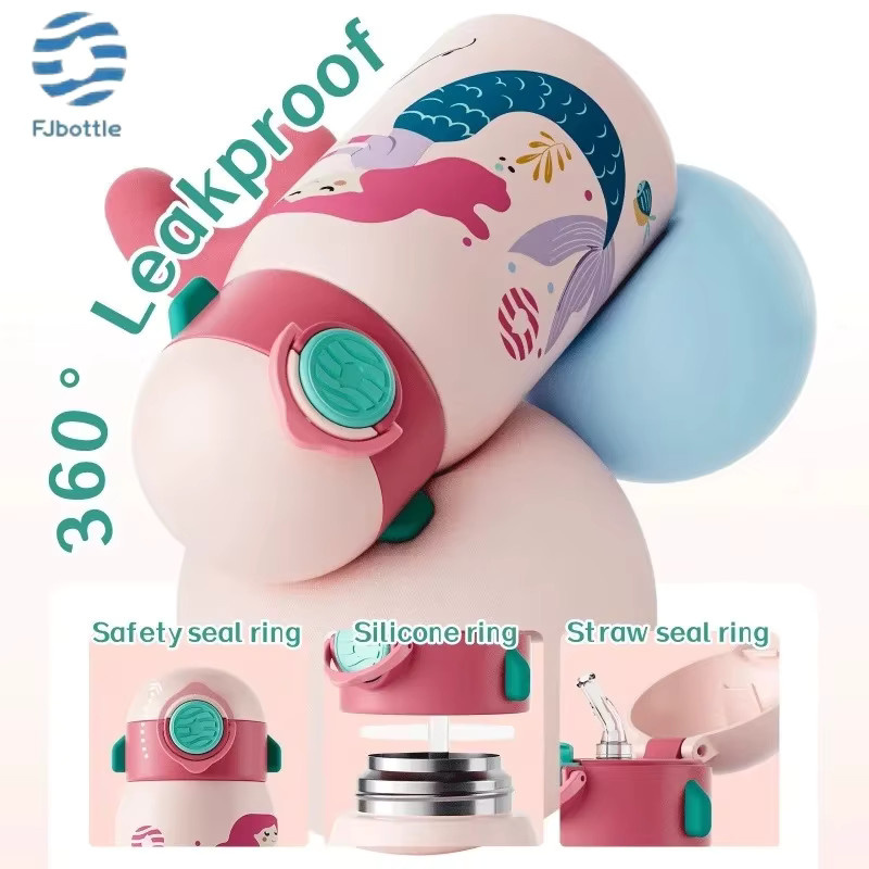 FEIJIAN Thermobecher für Kinder mit Stroh aus Edelstahl, isolierte Wasserflasche mit Cartoon-Muster und Stoffbeutel, Blau - Bild 3