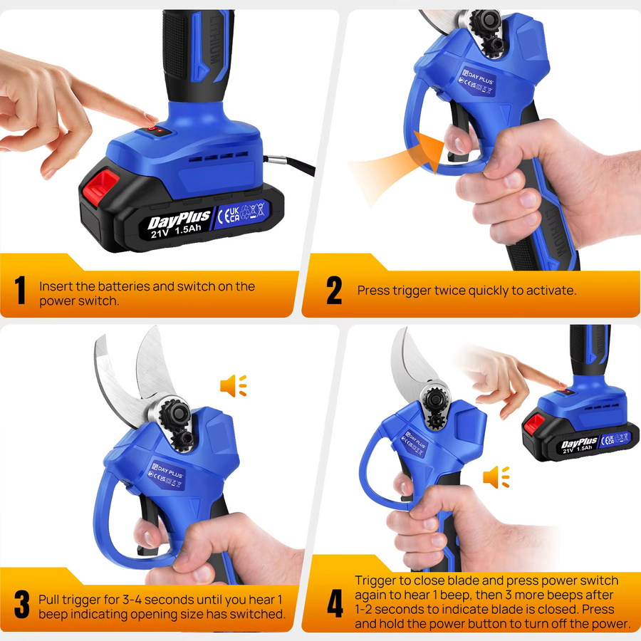 Professionelle bürstenlose Akku-Gartenschere in Blau mit 2 Lithium-Batterien zum Schneiden und Trimmen von Ästen in Obstgärten und Weinbergen - Bild 6