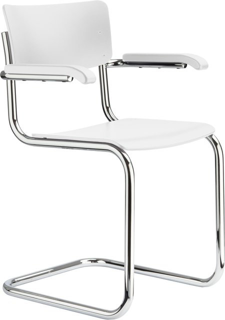 Thonet S 43 F Freischwinger mit Armlehnen in Weiß aus Formholz und verchromtem Stahlrohr - Bild 1