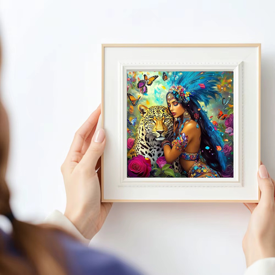 Huacan Diamantmalerei Leoparden-Frau als Tier-Porträt Mosaik-Kunstwerk in Mehrfarbig mit Rundbohrern und Vollquadrat-Steinen - Bild 3