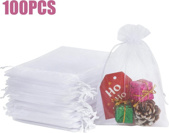 100 Organza Geschenktaschen mit Kordelzug für Schmuck und Süßigkeiten in Grün und Weiß, B/H: 12 x 12 cm - Bild 1