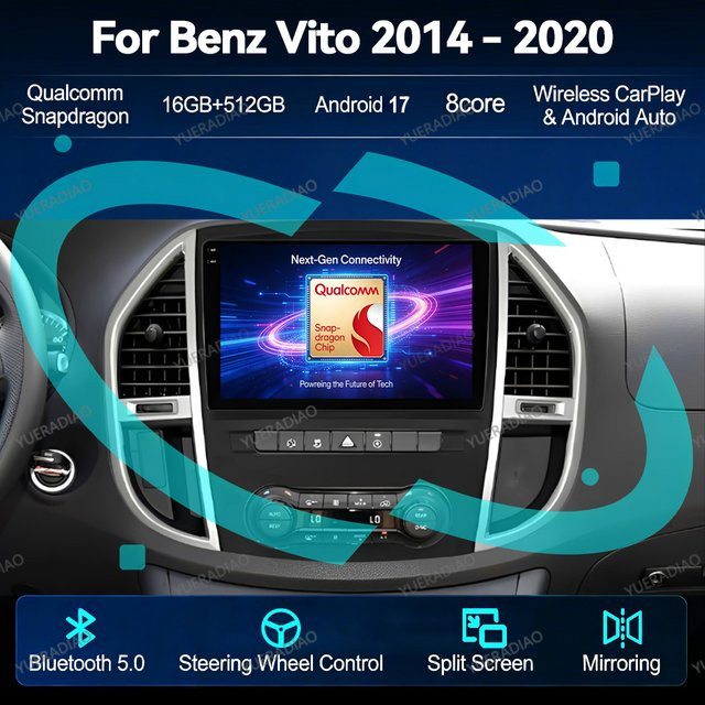 Android 17 Autoradio für Mercedes Benz Vito W447 mit QLED Display, Qualcomm Prozessor, 4G LTE, 5G, WIFI, Bluetooth, GPS und Navigation in Schwarz - Bild 1