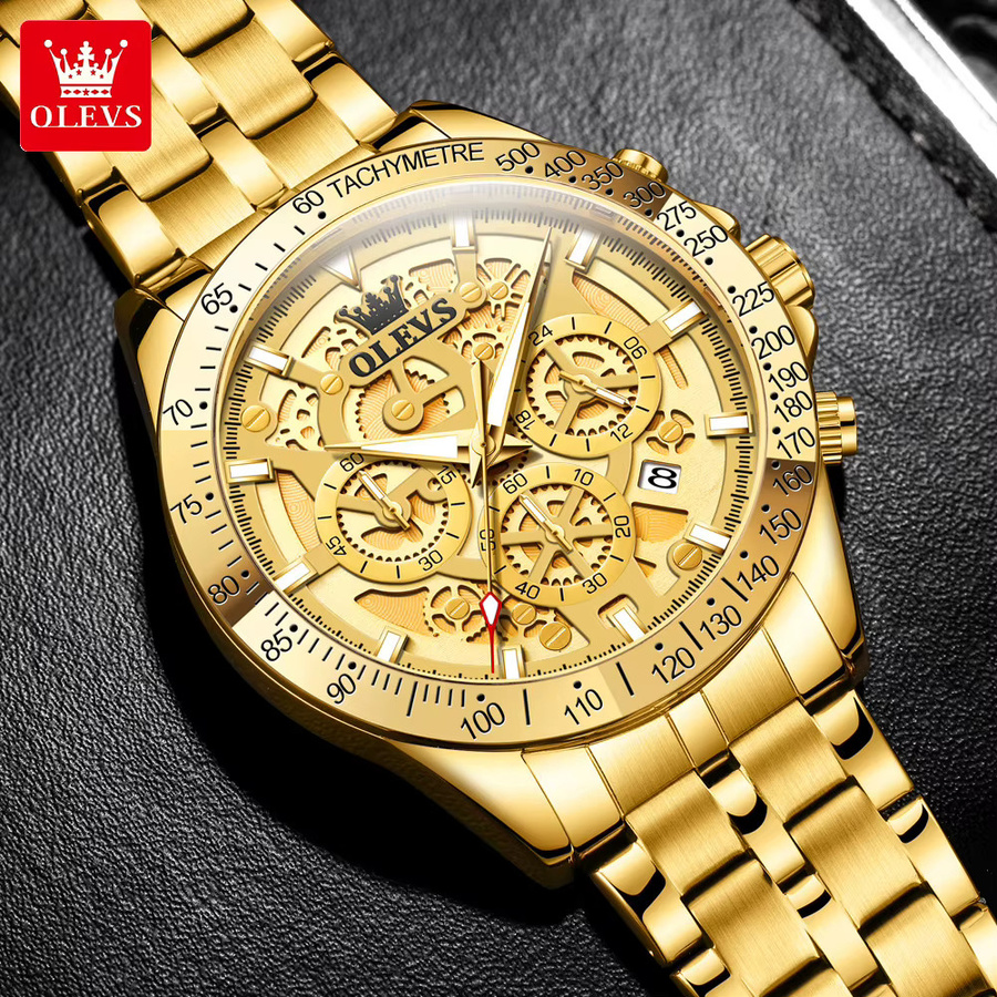 OLEVS Armbanduhr Chronograph, Edelstahl, Gold, Quarz, Herren - Bild 3