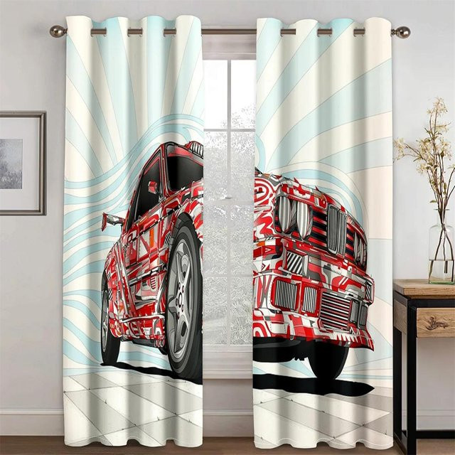 Yiran Furniture Vorhänge mit Comic-Rennauto im 3D-Druck, 2er-Set halbtransparente Fenstervorhänge für Kinderzimmer, Mehrfarbig, B: 50 cm, H: 130 cm - Bild 1