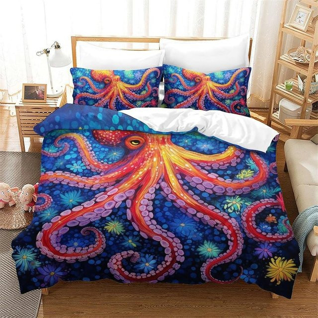 Oktopus Bettwäsche Set aus weicher Mikrofaser mit 3D-Druck in Blau, bestehend aus 2-teiligem Bettbezug und Kissenbezug, B/H: 140 x 210 cm - Bild 1