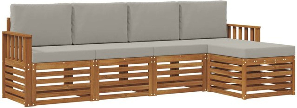 vidaXL Outdoor-Sofagarnitur aus Akazie Massivholz mit Kissen, 5-teiliges Loungemöbel-Set in Natur und Grau, Modern und Minimalistisch - Bild 1