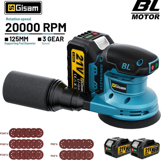 Gisam Bürstenloser Elektrischer Exzenterschleifer 125 mm mit Staubabsaugung, Kabellose Schleif- und Poliermaschine für Makita 18V Akku, Blau - Bild 1