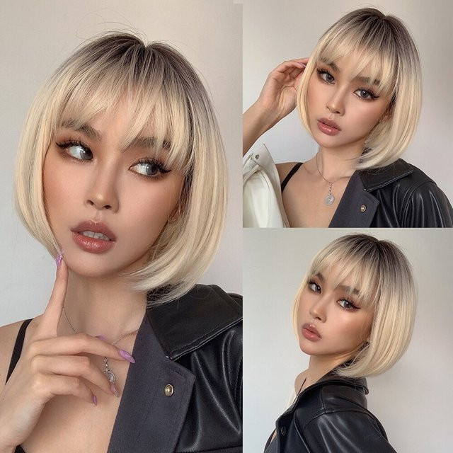 HAIRCUBE Perücke, platinblonder Ombre-Bob mit Pony, kurz, glatt, Damen - Bild 1