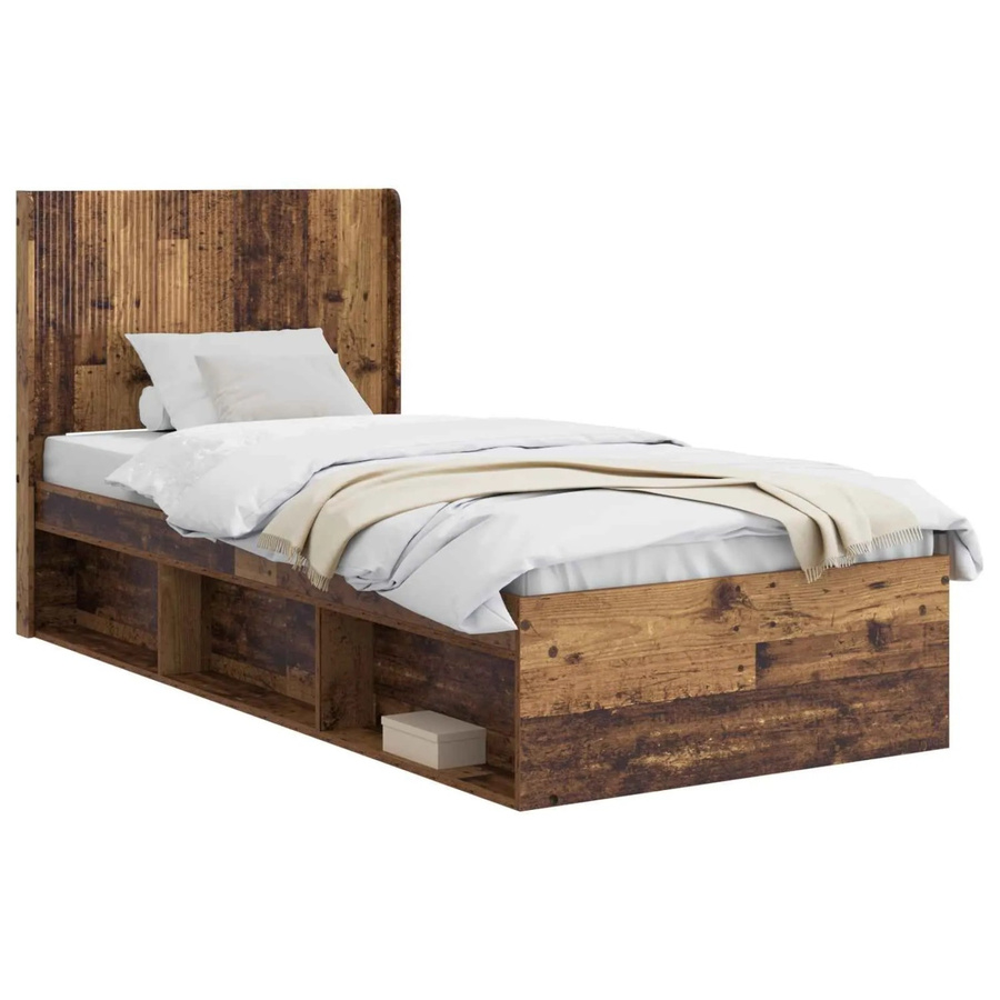 vidaXL Bettgestell mit Kopfteil und Stauraum in Altholz-Optik, Farbe: Braun, B/T/H: 100 x 200 x 105 cm - Bild 2