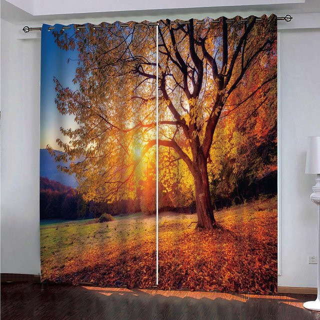 Yiran Furniture Naturgetreue Wald Sonnenuntergang Vorhänge aus Polyester, 2er-Set, Mehrfarbig, B: 50 cm, H: 130 cm - Bild 1