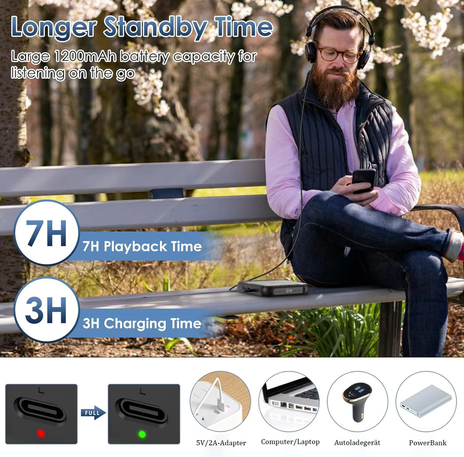Bytelike Tragbarer Bluetooth-CD-Player mit USB-C-Schnellaufladung in Schwarz - Bild 4