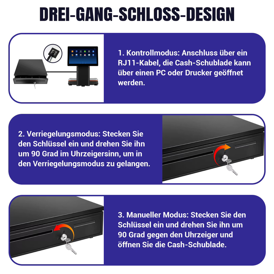 Kassenschublade aus Metall in Schwarz mit 5 Fächern für Scheine und 5 Fächern für Münzen, automatische und manuelle Öffnung mit Schlüsselschloss und RJ11-Anschluss - Bild 6