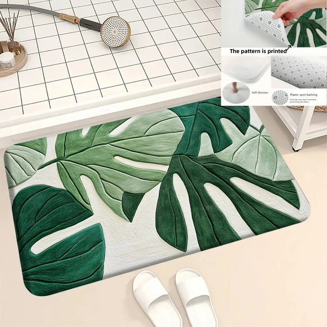 VIKAMA Monstera Badezimmer-Antirutsch-Teppich im nordischen Stil, grün, rechteckig, maschinenwaschbar - Bild 1