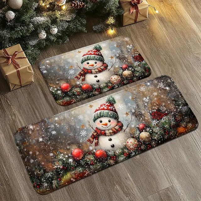 VIKAMA Weihnachts-Fußmatte mit Schneemann, Stechpalme und Beeren, maschinenwaschbarer Druckteppich für die Weihnachtszeit - Bild 1