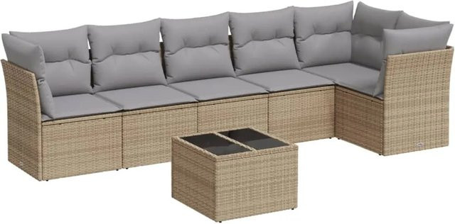 vidaXL 7-teilige Garten-Sofagarnitur in L-Form aus Poly-Rattan in Beige-Grau mit Kissen und Stauraum - Bild 1