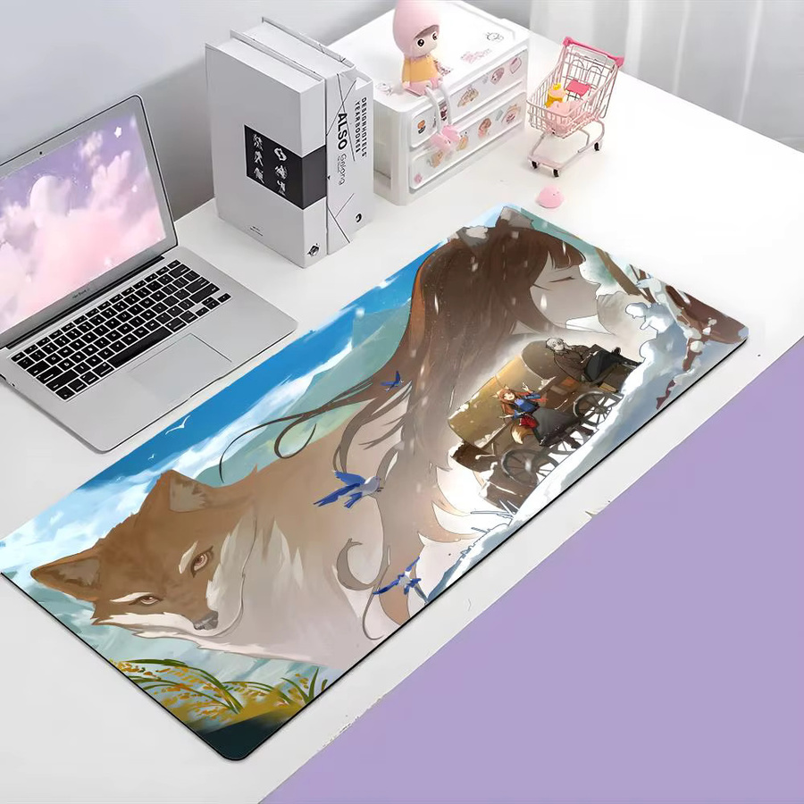 Warm Spice and Wolf Gaming-Mauspad, große rutschfeste Schreibtischunterlage mit genähtem Rand, Schwarz/Mehrfarbig - Bild 2