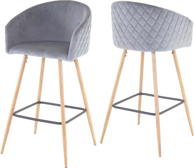 2er-Set MCW Barhocker MCW-D72 mit Lehne aus Samt in Grau mit Rautenmuster und Metallgestell im Retro-Design - Bild 1