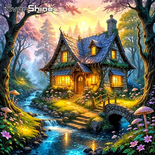EverShine Diamantmalerei Waldlandschaft mit Haus und Bäumen, 5D Mosaik Stickerei in Mehrfarbig, B/H: 20 x 20 cm - Bild 1
