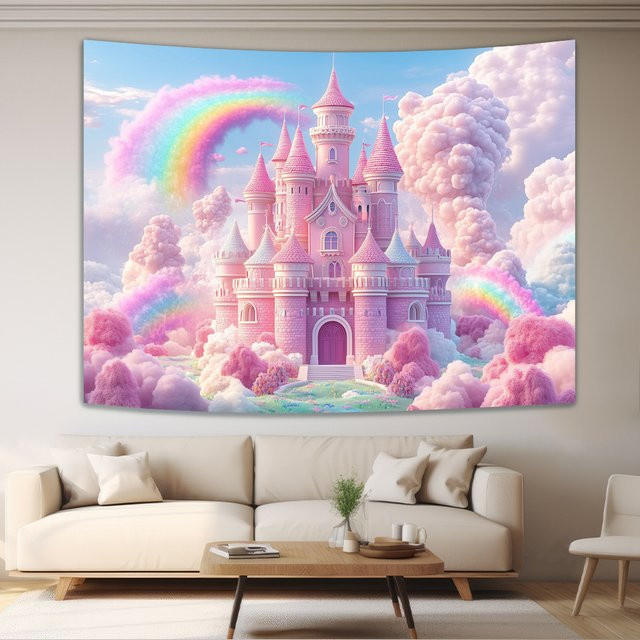 VIKAMA Dream Castle Regenbogen Wandteppich für dein Kinderzimmer und Schlafzimmer - Bild 1