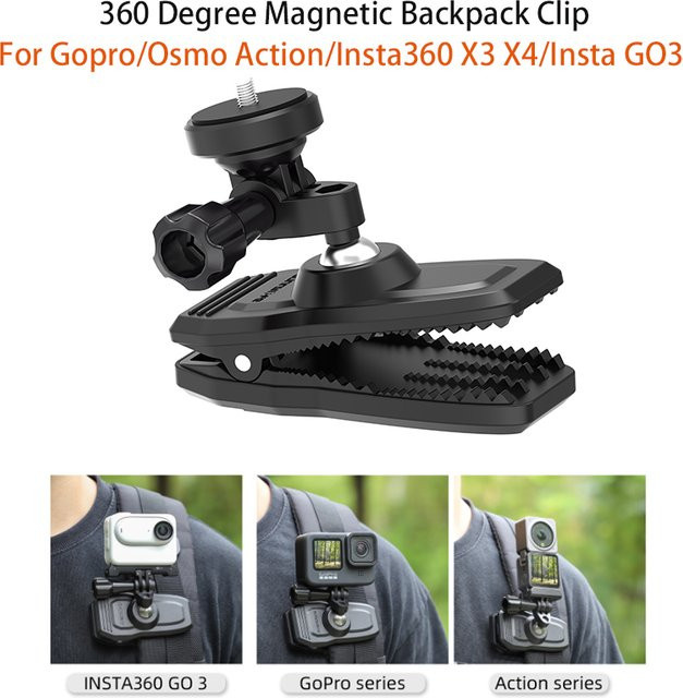 ZNTCH Magnetischer Rucksack-Clip-Klemmhalterung mit 360-Grad-Drehung für GoPro 12, Insta360 X4, Ace Pro und Action 3/4 in Schwarz - Bild 1