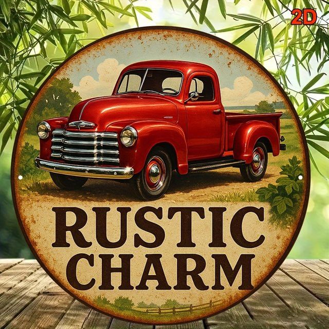 Potdemiel Rundes Aluminiumschild Vintage Red Truck in Rot, Durchmesser: 20,32 cm - Bild 1