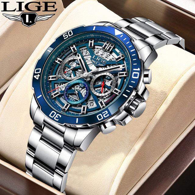 LIGE Armbanduhr Quarz, Edelstahl, Blau, Herren - Bild 1