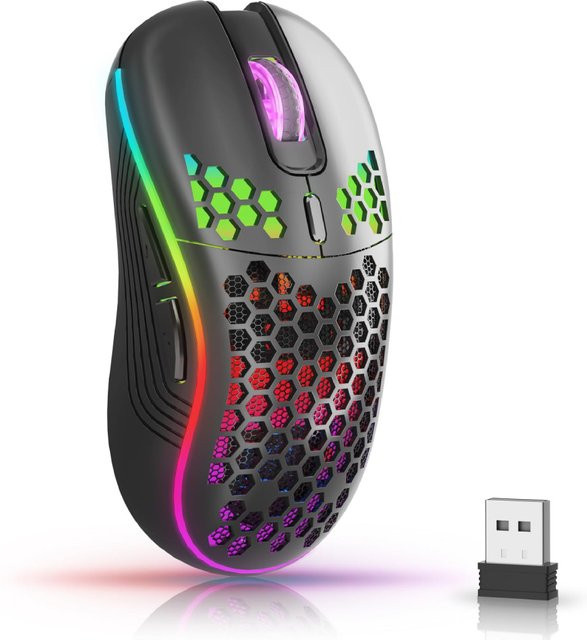 Konouyouko Drahtlose Gaming-Maus mit Waben-Design, RGB-Hintergrundbeleuchtung, wiederaufladbar und einstellbarem DPI, USB-Empfänger, Schwarz oder Weiß - Bild 1