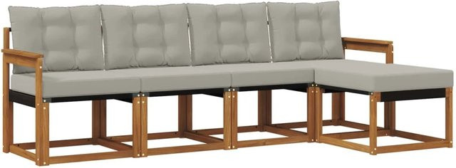 vidaXL Outdoor-Sofagarnitur 5-tlg. aus Akazienholz und Textilene mit Kissen in Grau und Natur - Bild 1