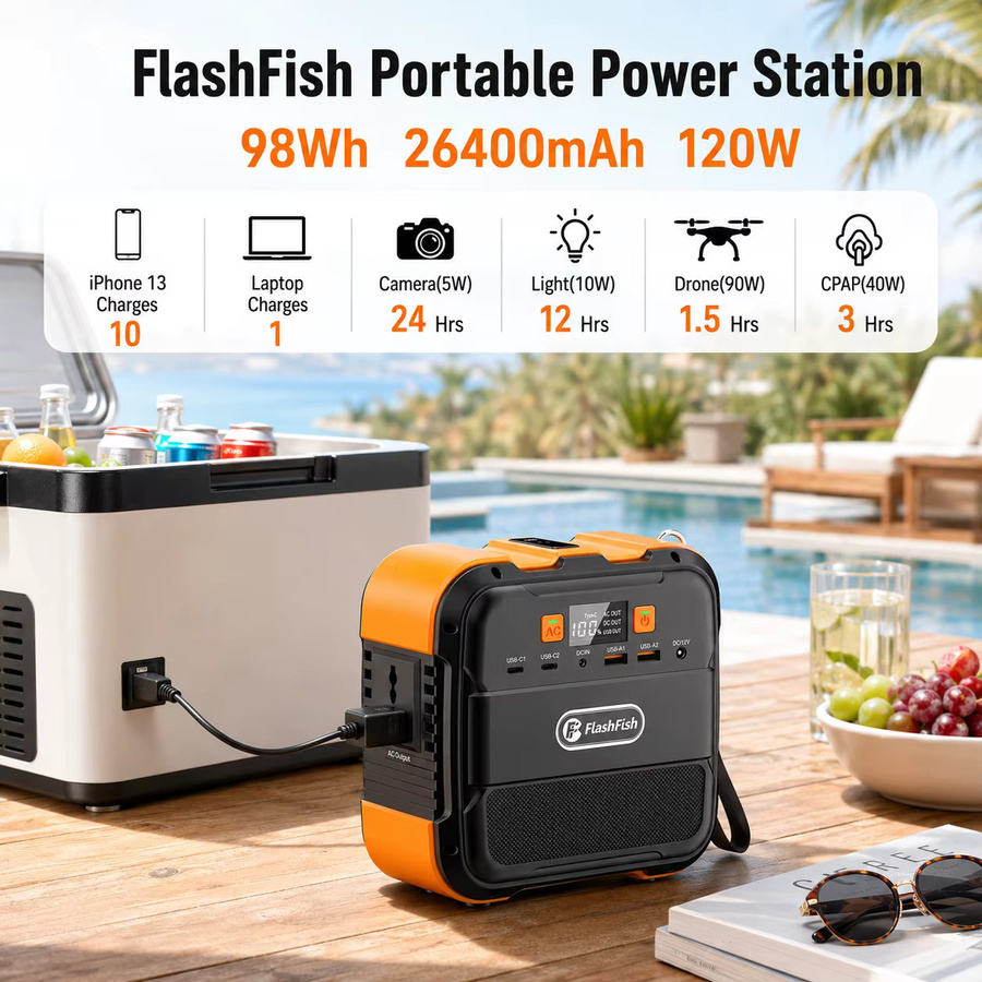 Tragbare Powerstation FlashFish A101 Solargenerator mit 120W Spitzenleistung, 98Wh Kapazität und Mehrfach-Ausgangsanschlüssen in Schwarz-Orange - Bild 2
