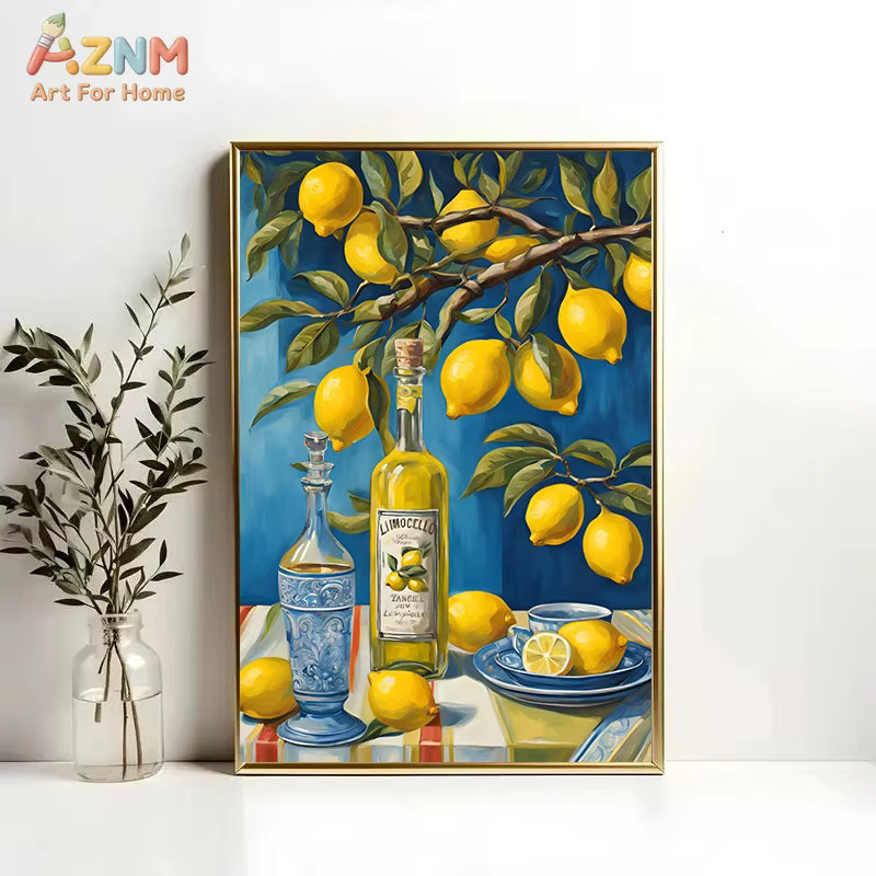 AZNM 3er-Set Leinwand-Wandkunst Mediterraner Zitronenbaum mit blauer Tür und Zitrusfrüchten in Blau und Multicolour - Bild 2