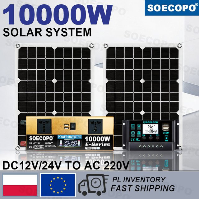 SOECOPO 10000W Solarsystem-Kit mit 2 flexiblen Photovoltaik-Solarmodulen, 1100W E-Series Wechselrichter und LCD-Laderegler in Schwarz - Bild 1