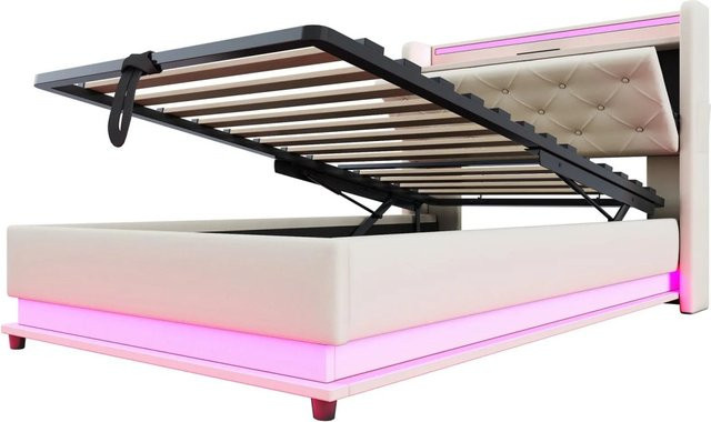 Merax Kinderbett mit LED-Beleuchtung, USB-Anschluss und Hydraulik-Lift in Beige - Bild 1