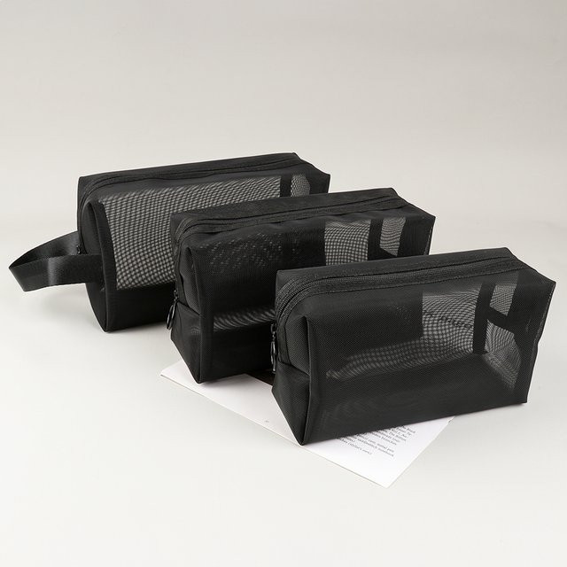 Schwarze Kosmetiktasche aus transparentem Netzstoff im 3er-Set als Organizer für Make-up und Zubehör - Bild 1