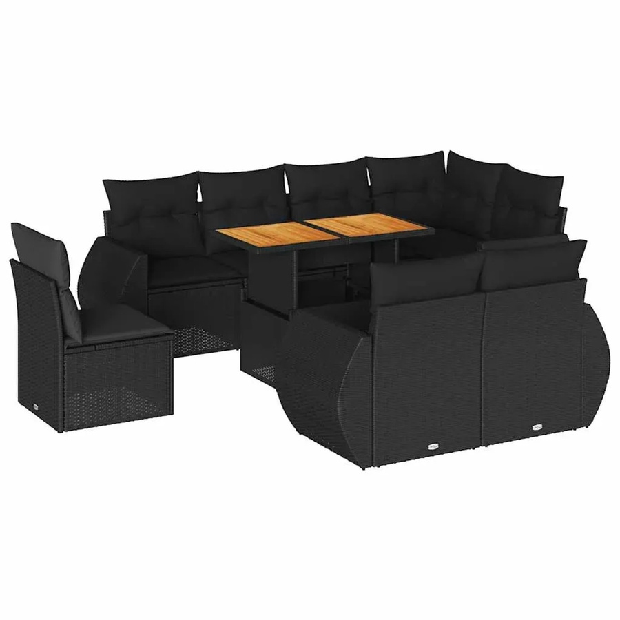 vidaXL 9-tlg. Garten-Sofagarnitur in L-Form aus schwarzem Poly-Rattan mit Kissen und Akazienholz - Bild 2