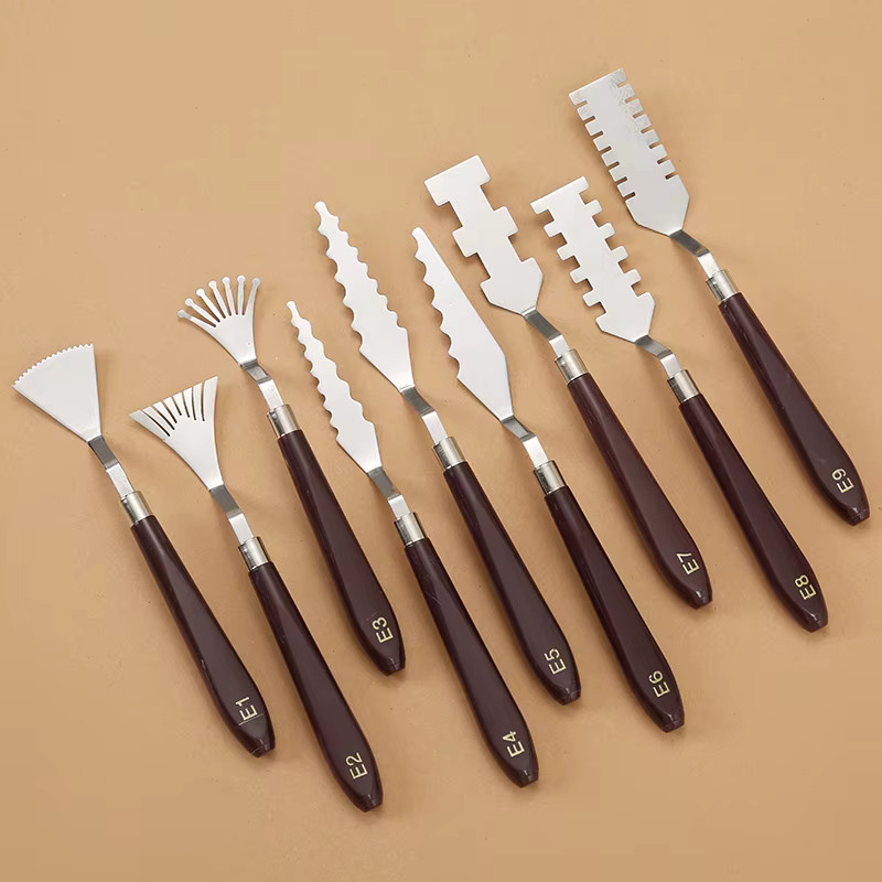 9er Set Textur-Malmesser aus Metall für Acrylfarben und Ölgemälde mit verschiedenen Zahnformen und Schaberköpfen - Bild 2