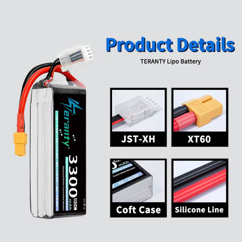 2 Stück TERANTY Lipo-Akku 3S 11,1V 11,4V 3300mAh mit XT60 Anschluss in Schwarz für FPV Drohnen, Helikopter und Flugzeuge - Bild 2