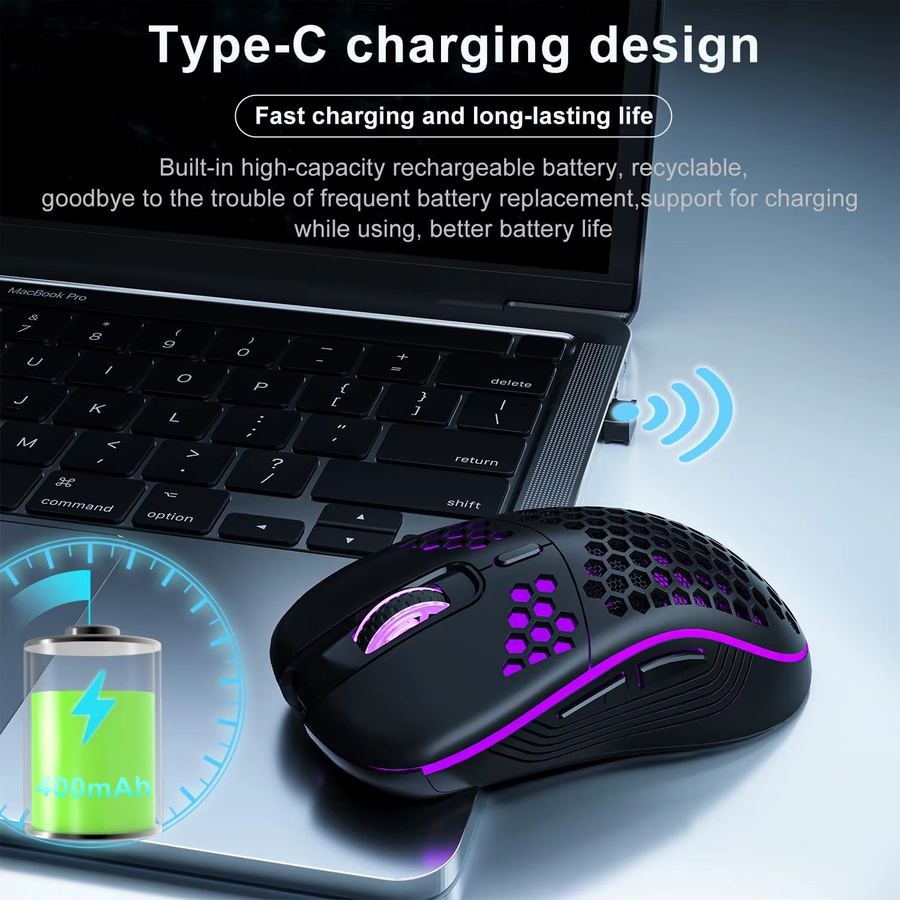 Konouyouko Drahtlose Gaming-Maus mit Waben-Design, RGB-Hintergrundbeleuchtung, wiederaufladbar und einstellbarem DPI, USB-Empfänger, Schwarz oder Weiß - Bild 5